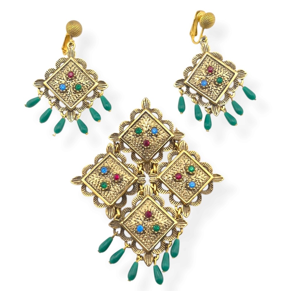 Vtg 1969 Sarah Coventry Temple Lights Brooch Pin Clip Earrings Set Rhinestone